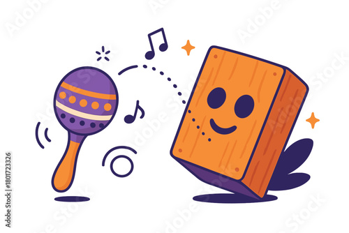 Cheerful cartoon maraca and smiling wooden percussion box playing music