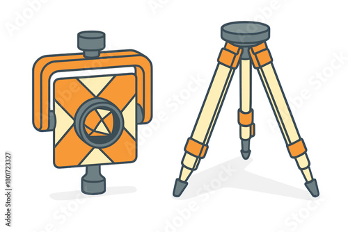 Surveying prism reflector and tripod equipment isolated on white background