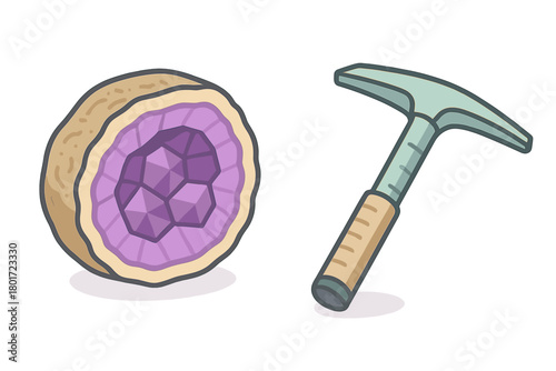 Geode crystal cross section and geological rock hammer tool