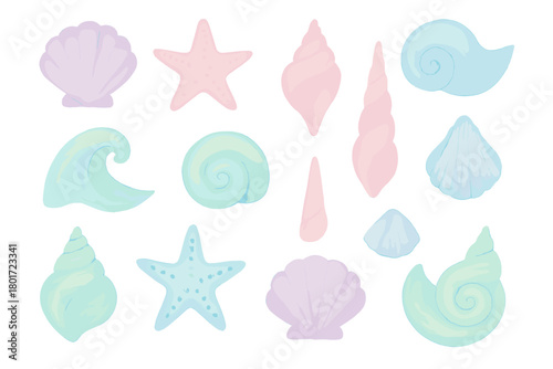 Pastel colored seashells and starfish collection with ocean wave element