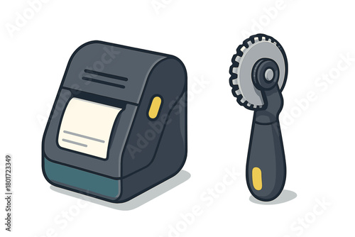 Compact thermal receipt printer and handheld rotary cutting tool set