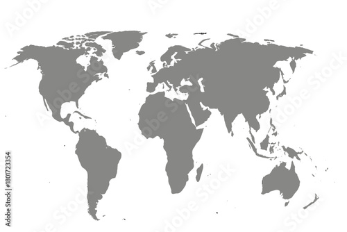 Simplified gray world map silhouette on clean white background