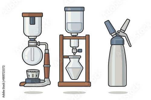 Set of three coffee and beverage preparation devices including siphon and whipped cream dispensers