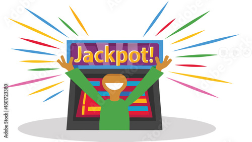 Dynamic lucky spin moment illustration featuring a vibrant character showcasing a celebratory and exciting gaming or chance based theme with colorful elements and a modern design