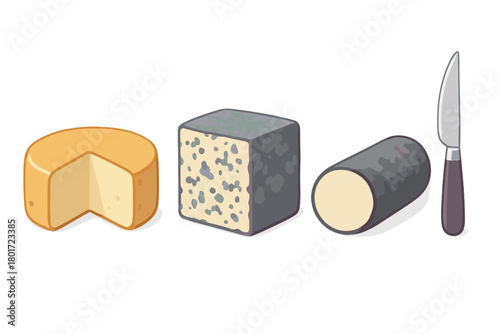 Various cheese wedges and log with sharp serving knife