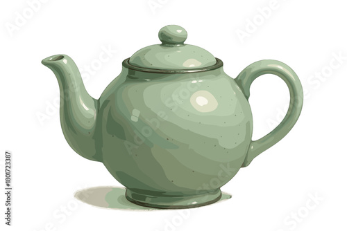Round ceramic teapot with speckled light green glaze and dark rim accent
