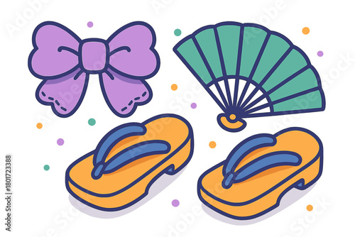 Set of traditional Japanese accessories including bow, folding fan, and geta sandals