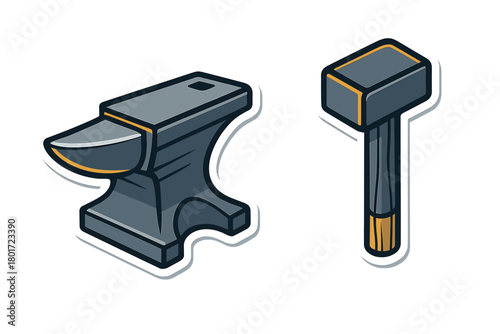 Isometric anvil and blacksmith hammer tool set graphic