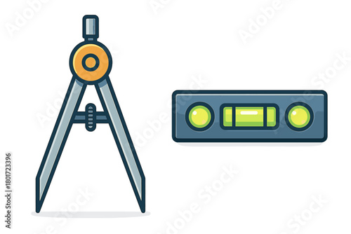 Drafting compass and spirit level tool icons for design and engineering