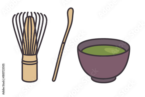 Traditional Japanese matcha tea preparation tools and prepared green tea bowl