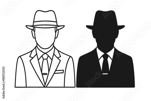 Outline and silhouette icons of a man wearing a suit and fedora