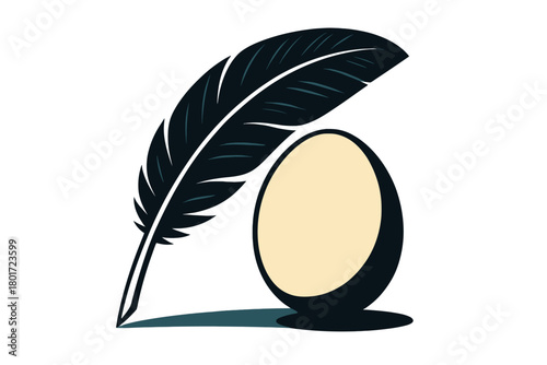 Stylized black feather quill resting beside a pale egg shape