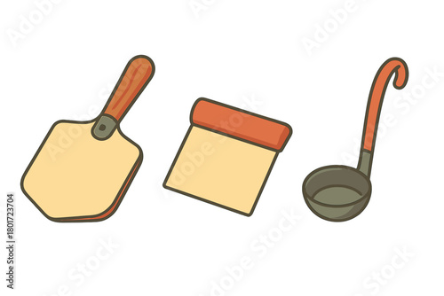 Essential kitchen tools: scraper, spatula, and ladle for baking and cooking