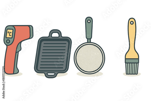 Set of essential cooking and grilling utensils with digital temperature gauge