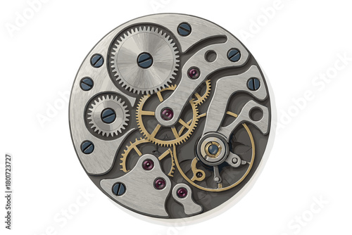 Close up of mechanical watch movement gears and ruby jewels
