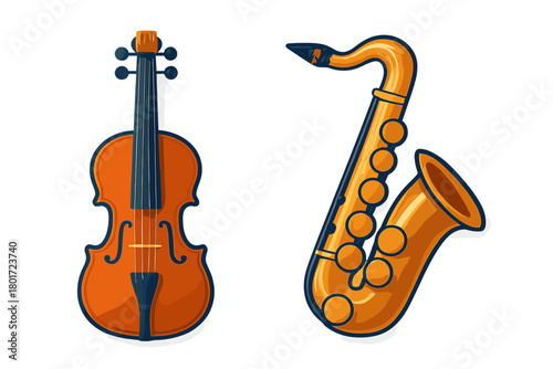 Violin and saxophone musical instruments isolated on white background