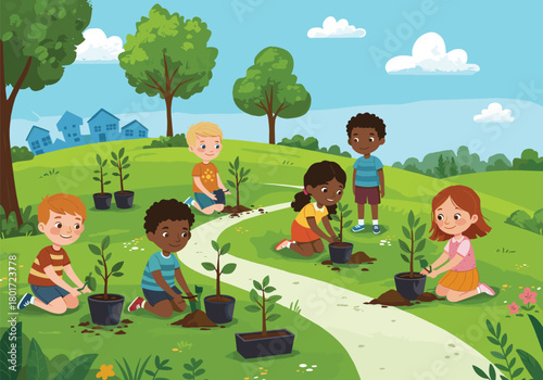 Group of children planting trees outdoors, eco-friendly kids activity vector illustration, teamwork nature conservation artwork, happy childhood gardening design background