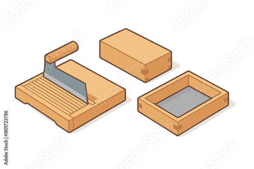 Isometric set of traditional Japanese soba noodle making implements