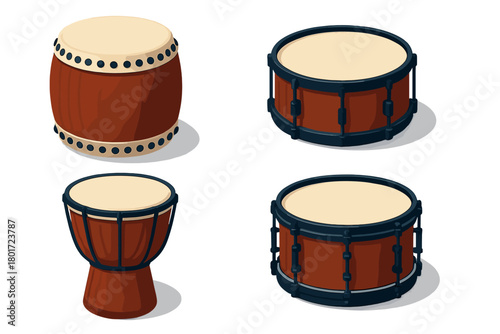Isometric collection of various wooden percussion drums isolated on white background