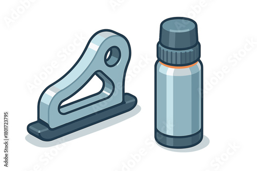 Isometric metal hole puncher and small liquid dropper bottle isolated on white