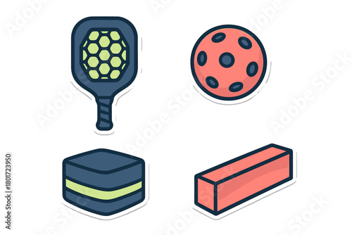 Set of sports equipment and religious cube icons