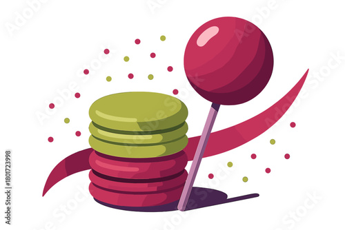 Stack of colorful macarons and round lollipop with confetti accents