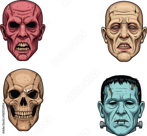 Halloween horror skull zombie ghoul Frankenstein monster heads vector illustration creepy undead characters scary face design spooky graphic art