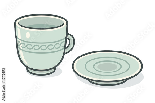 Light green ceramic teacup and saucer with braided pattern detail