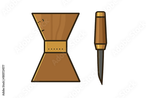 Set of two woodworking implements including an awl and a shaped wooden object