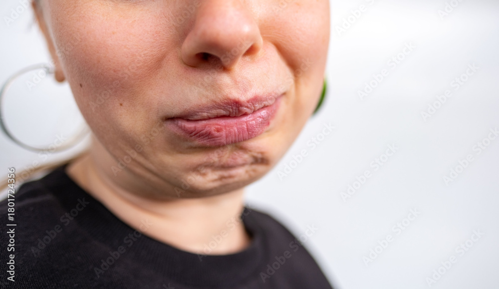 Obraz premium Young crying woman with hurt expression on face, mouth, sadness and resentment, emotional pain, Misunderstanding and disappointment, and vulnerable human feelings, Female emotion and expression