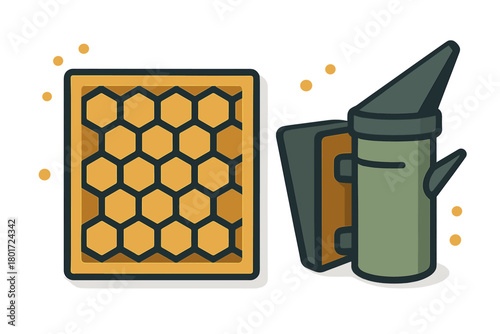 Beekeeping smoker and honeycomb frame icon set for apiary concepts