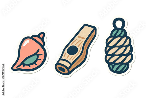 Nautical tattoo style graphics featuring seashell whistle and coiled rope elements