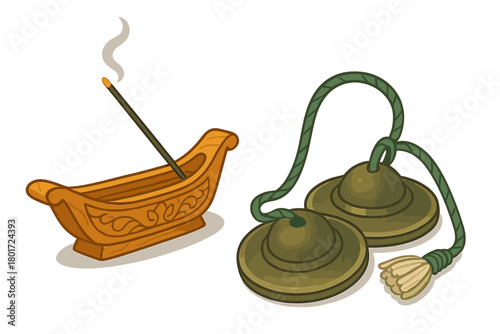 Incense burner and meditation cymbals set isolated on white background