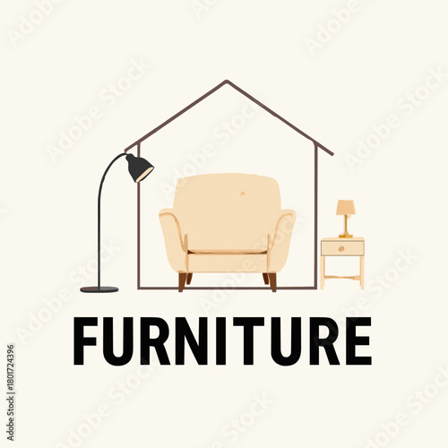 A clean minimalistic logo featuring a soft beige armchair centered within a thin, geometric house outline. A curved black floor lamp stands on the left, while a compact nightstand with a tiny lamp sit