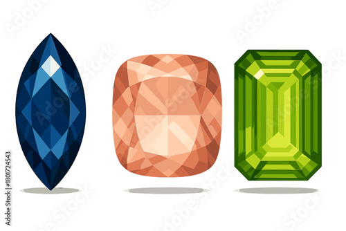 Assortment of three faceted gemstones in marquise, cushion, and emerald cuts
