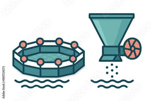 Octagonal aquaculture fish farm pen and automatic feeder icons
