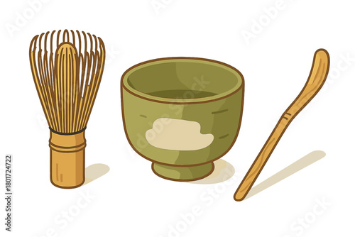 Matcha tea ceremony tools set with whisk bowl and wooden scoop