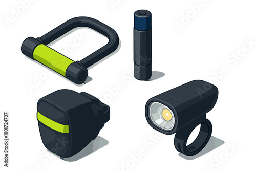 Isometric set of bicycle safety accessories including lock and lights