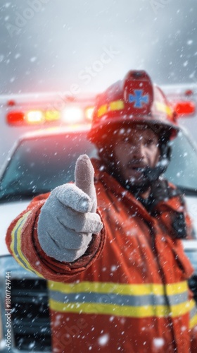 Emergency responder giving a thumbs up during heavy snowfall while standing in front of an ambulance