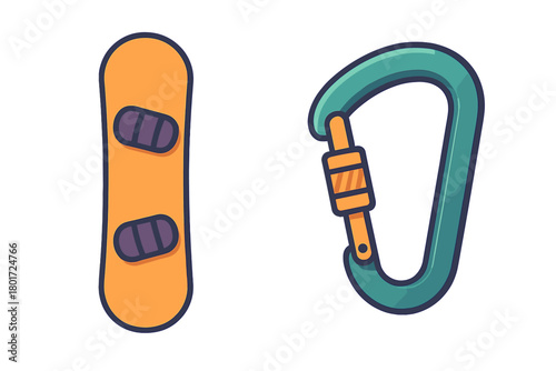 Snowboard and climbing carabiner equipment icons collection