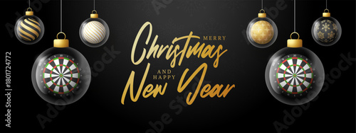 Dart Christmas and New Year greeting banner. Merry Christmas golden greeting card with glass xmas ball as a bauble on black background. Vector illustration sport modern banner