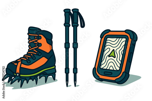 Heavy duty mountaineering boot with attached crampons, trekking poles, and GPS