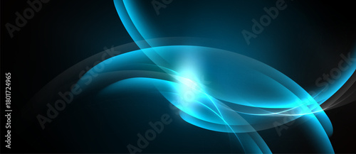 Abstract blue light curves flow, creating dynamic energy. Bright center radiates, contrasting dark background. Smooth gradients define shapes.