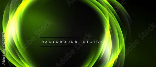 Abstract green light waves create dynamic background. Smooth gradients, modern design elements, dark space surrounds bright curves.