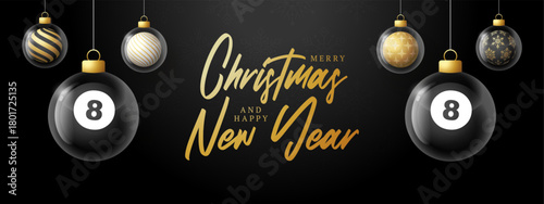 Billiard Christmas and New Year greeting banner. Merry Christmas golden greeting card with glass xmas ball as a bauble on black background. Vector illustration sport modern banner