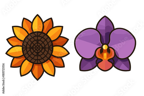 Stylized sunflower and vibrant purple orchid flower icons set on white background
