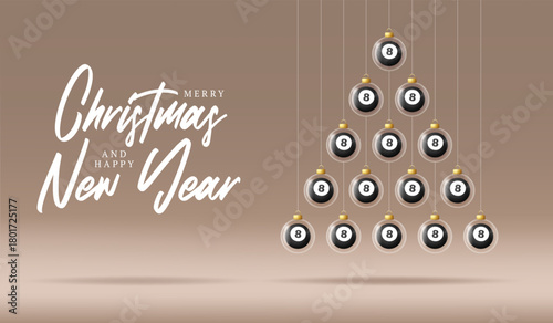 Billiard Christmas tree and New Year greeting banner. Merry Christmas golden greeting card with glass xmas ball as a bauble on beige background. Vector illustration sport modern banner