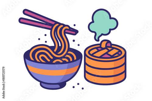 Hot noodles lifted by chopsticks next to a bamboo dim sum steamer basket