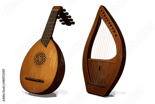 Classic wooden lute and ancient lyre musical instruments standing side by side on white background