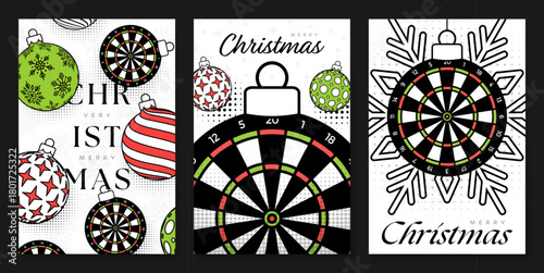 Dart Christmas and New Year posters set. Bright xmas design for xmas party invitation. Minimal art banner, poster, cover templates. Vector illustration